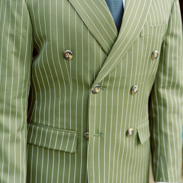 Standard Double Breasted (2 Piece Pinstriped Business Suit with Peak Lapel, Wool/Cotton Mix)